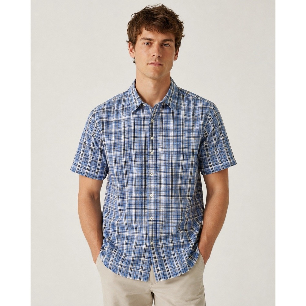 Bugatchi Mens Blue Plaid Short Sleeve Button Down Shirt Shaped Fit Cotton XL